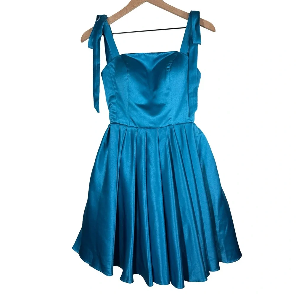 Witness of Love Teal Blue Satin Corset Back Tie Strap Mini‎ Dress Size 0 NWT
